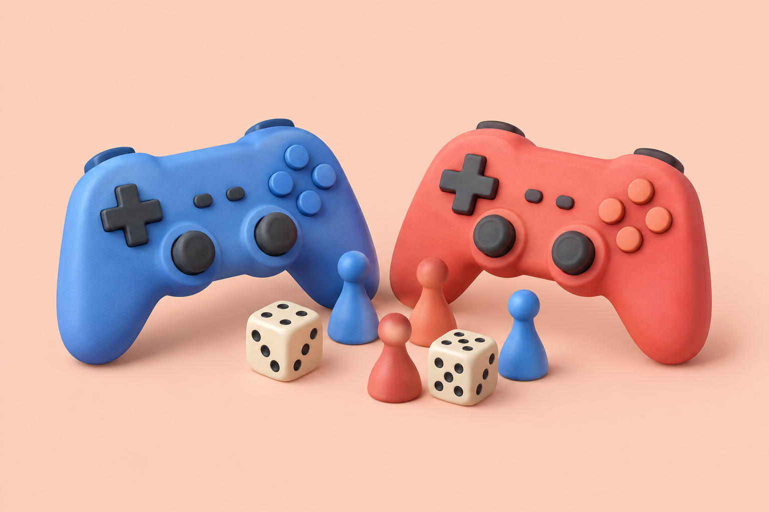 Blue and coral game controllers with dice and board-game pieces